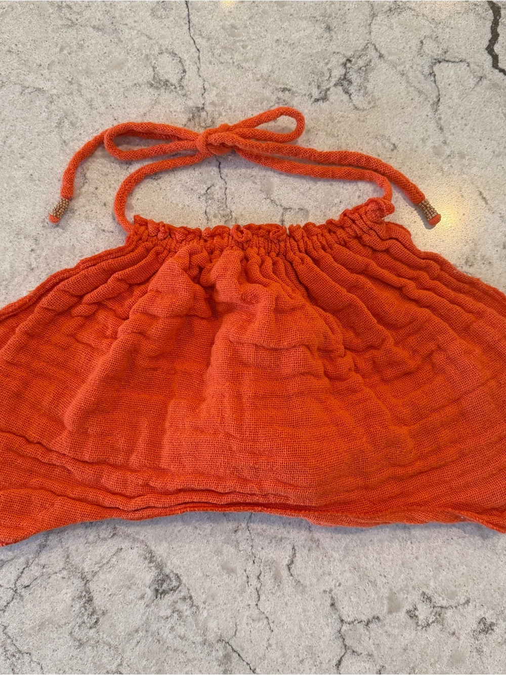 Free People Bright Orange Cotton Knit Tank Halter Top Gauzy ties at neck & back